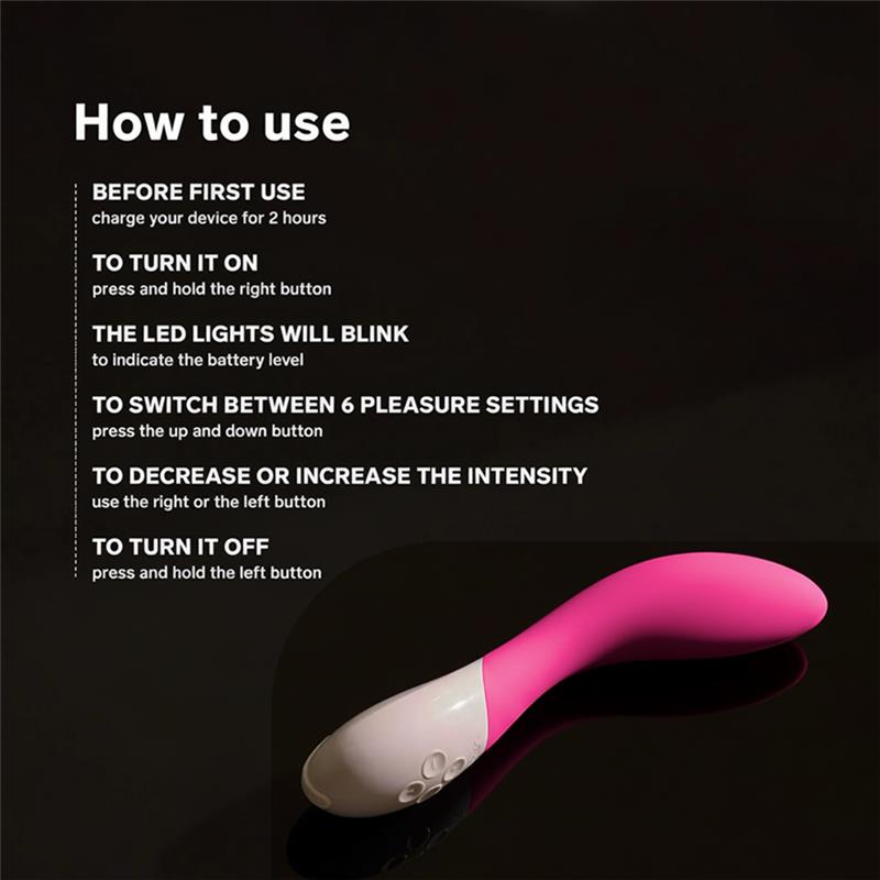 LELO Mona 2 Cerise ergonomic stimulation shape with how to use guide 