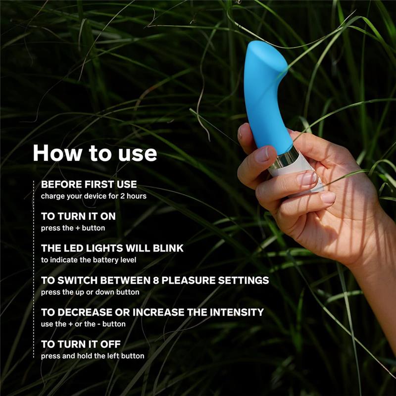 LELO Gigi 2 Turquoise Blue packaging image with how to use feature