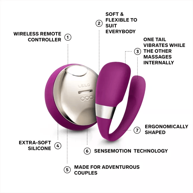 LELO Tiani 3 couples toy ergonomic design in Cerise with featured list